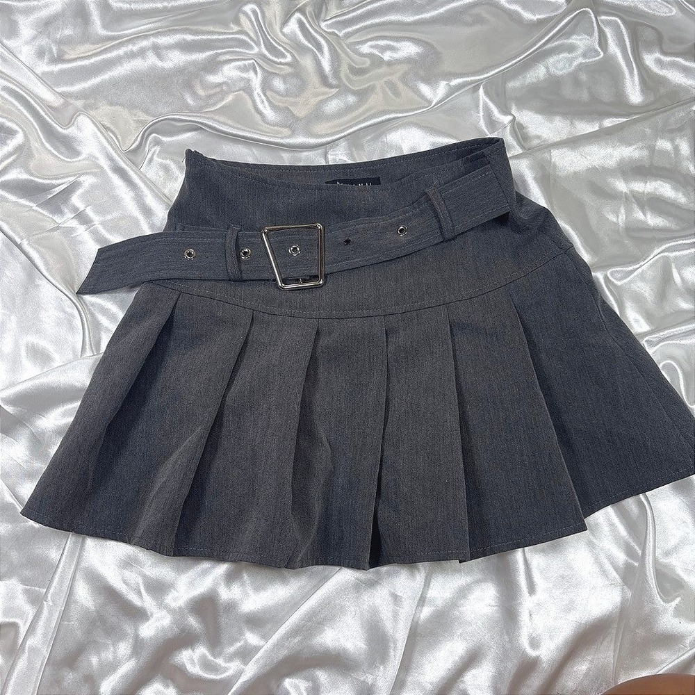 y2k Kanji Pleated Skort Grey Excellent Belted Mini Skirt KS240116-1